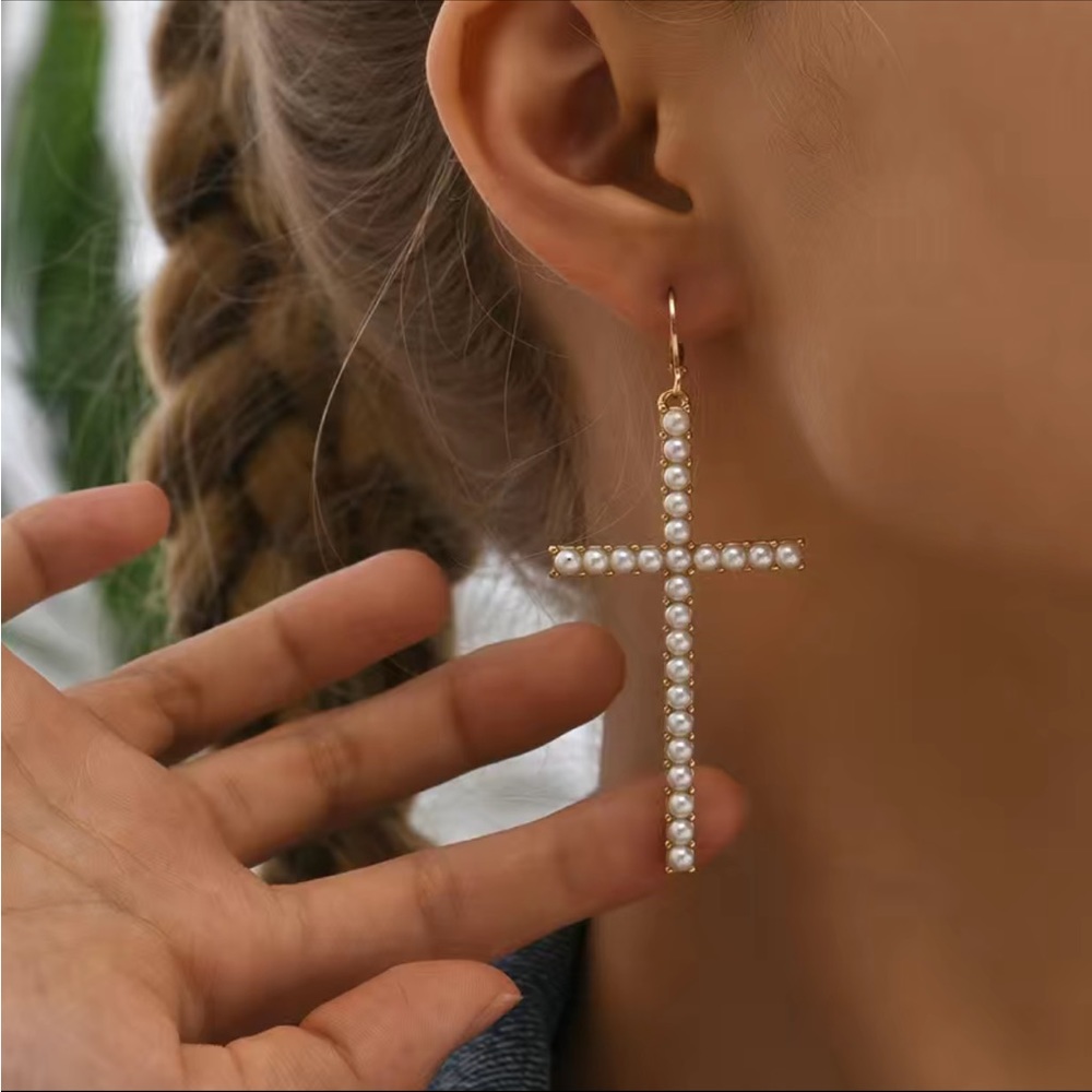 NWT Large Golden Simple Faux Pearl Cross Earrings